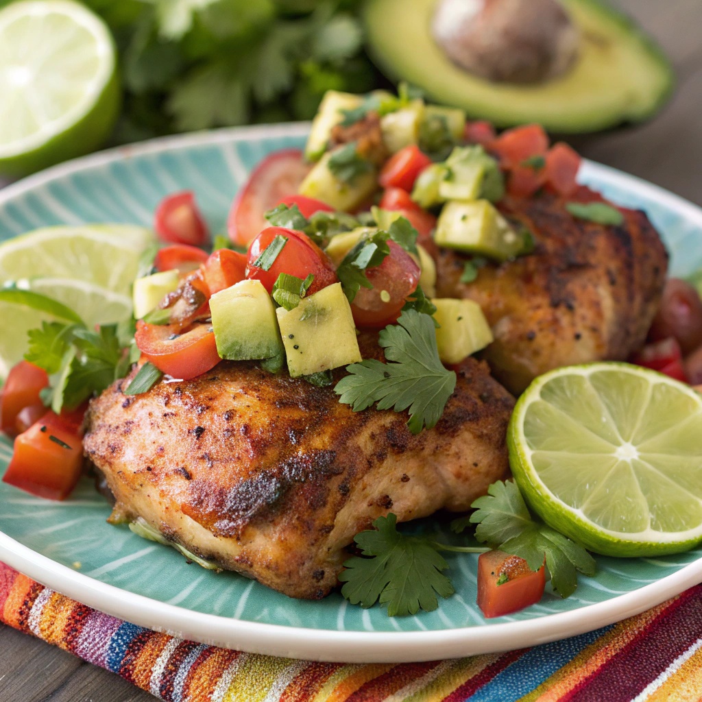 Grilled spicy chicken thighs topped with avocado salsa and lime wedges