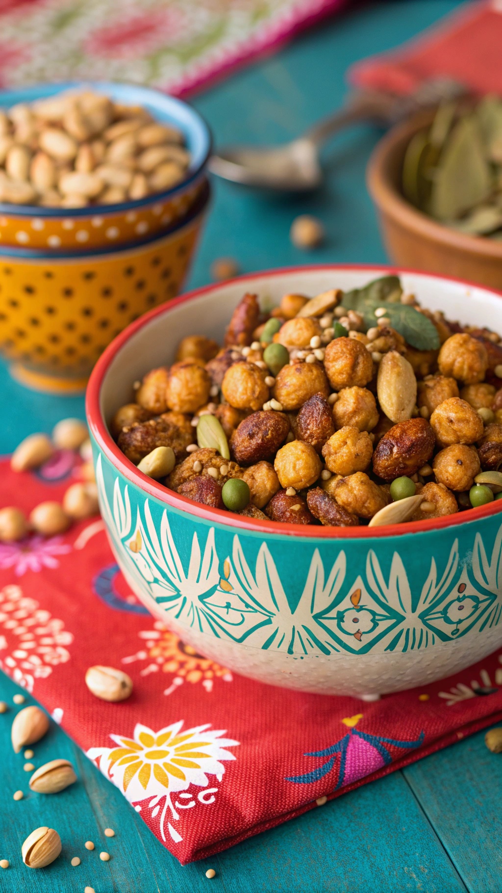 A colorful bowl of spicy chickpea roasted snack mix with nuts on a vibrant tablecloth.
