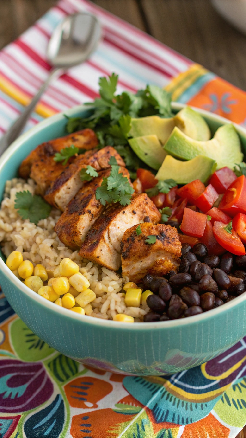 A colorful bowl of spicy chipotle chicken with rice, black beans, corn, tomatoes, and avocado.