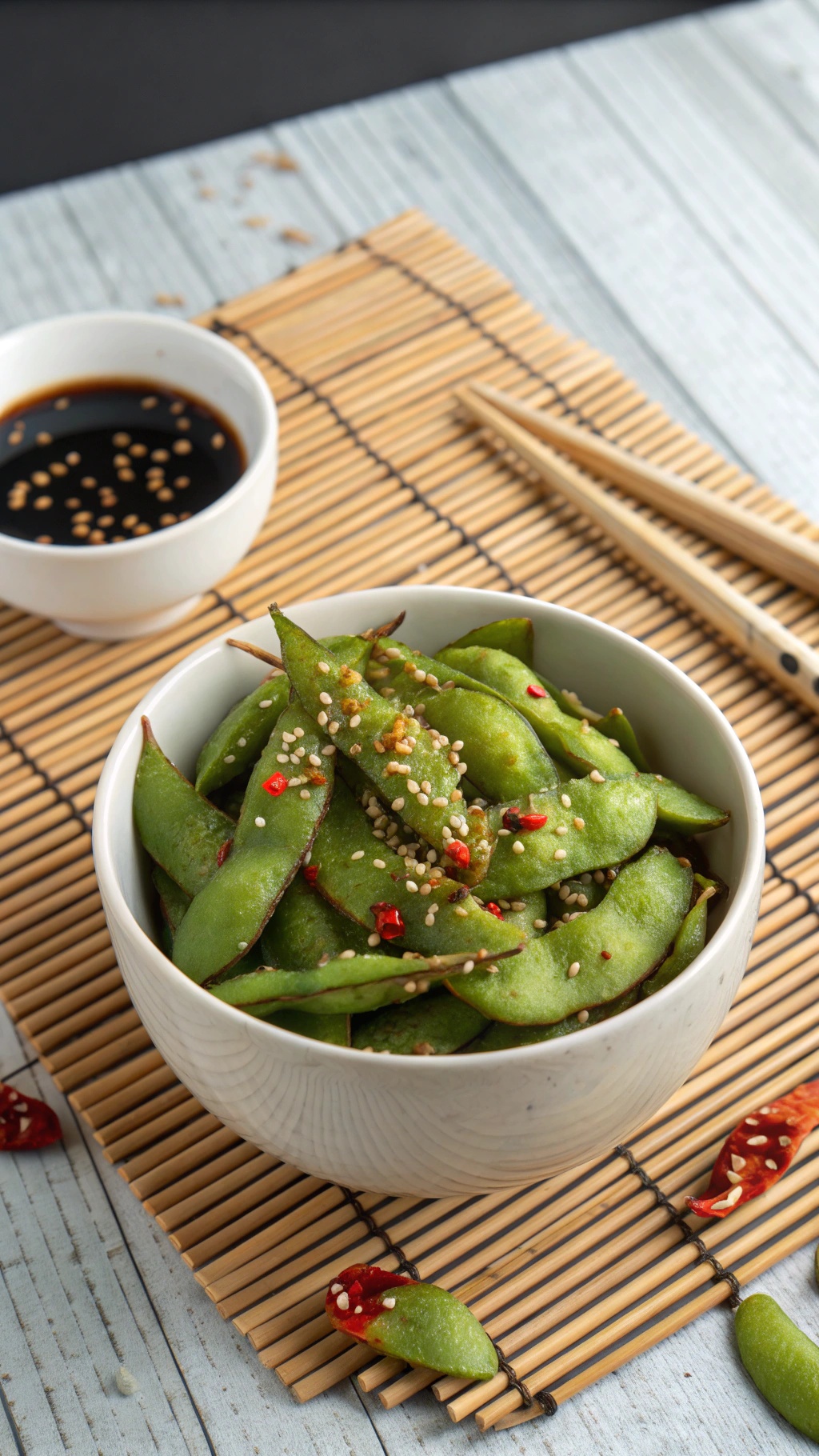 Bowl of spicy edamame with sesame seeds and chili flakes, served with soy sauce