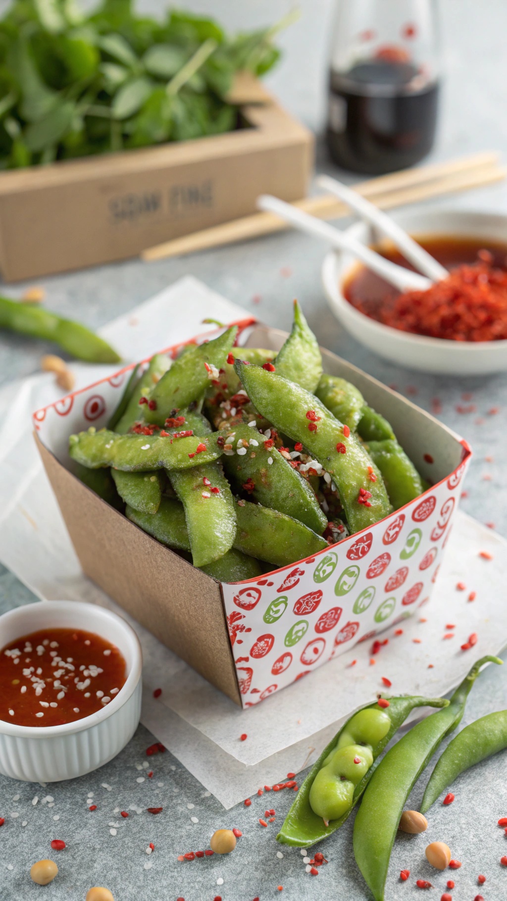 A box of spicy edamame sprinkled with red chili flakes and sesame seeds, served with a dipping sauce.