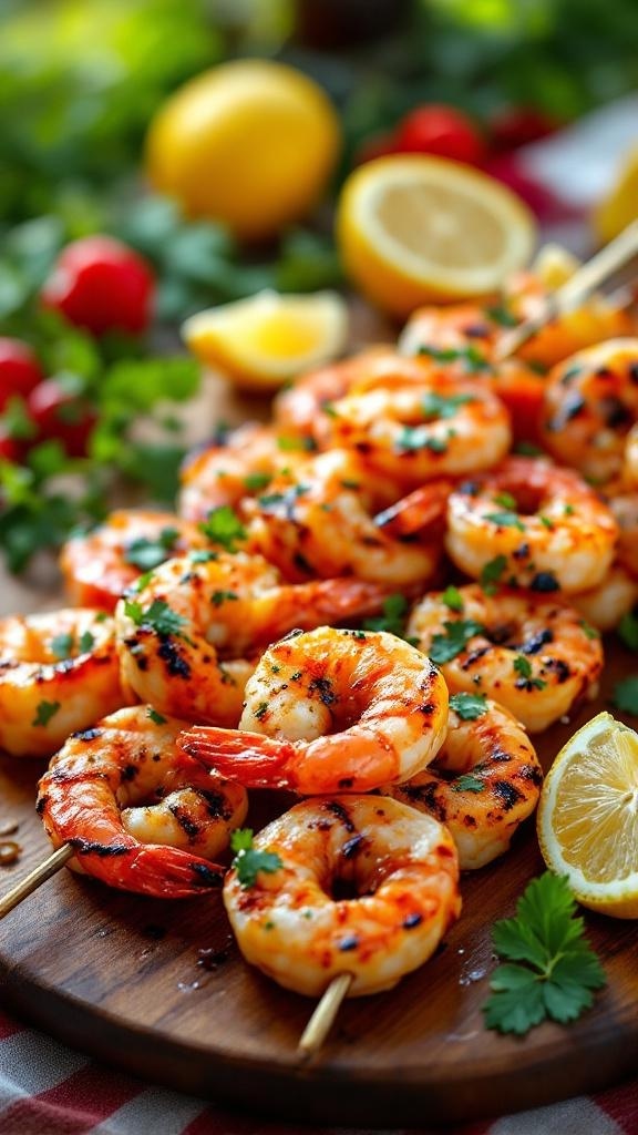 A platter of spicy grilled shrimp skewers garnished with lemon slices and cilantro.
