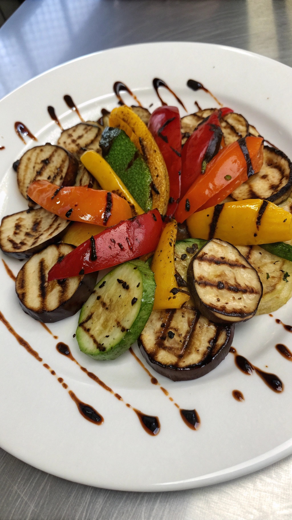 A colorful medley of grilled vegetables including bell peppers and zucchini, arranged beautifully on a plate.