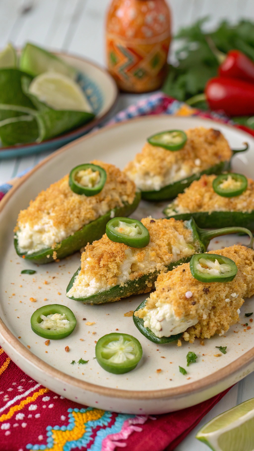 A plate of spicy jalapeño poppers topped with breadcrumbs and sliced jalapeños, served with lime wedges.