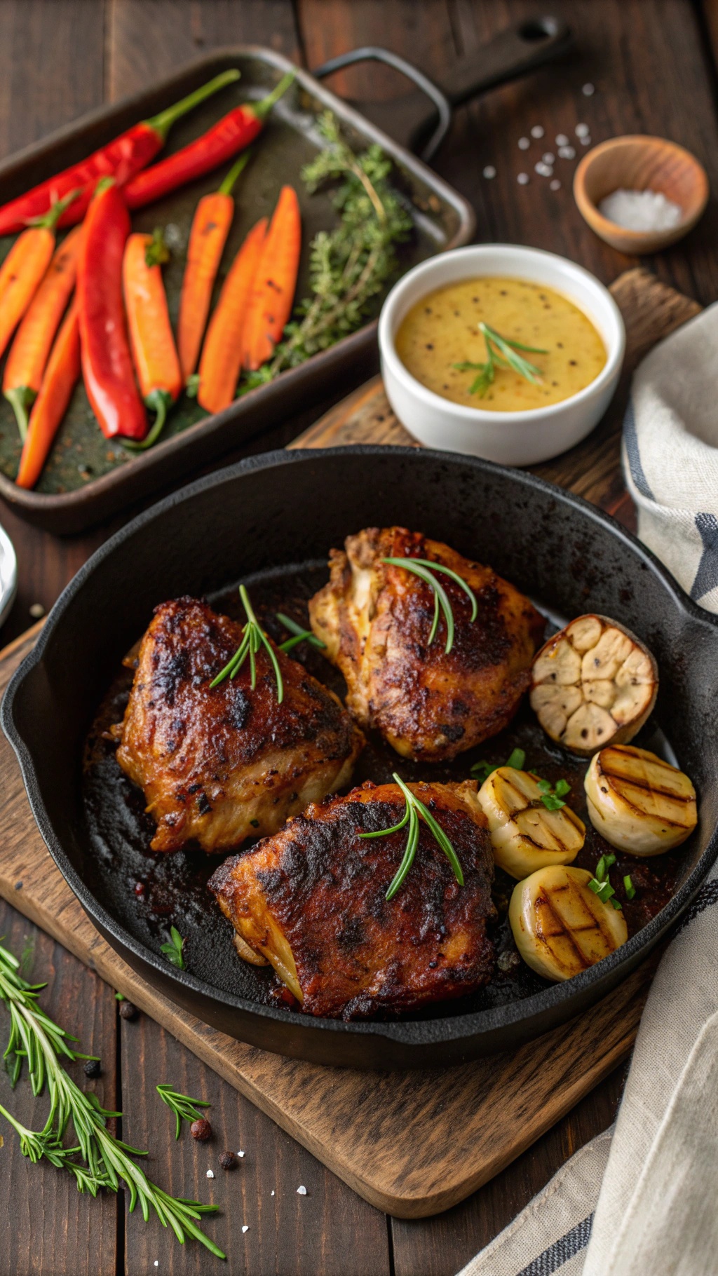 Spicy Keto Chicken Thighs with Garlic Butter in a cast-iron skillet, garnished with herbs and accompanied by colorful peppers and garlic.