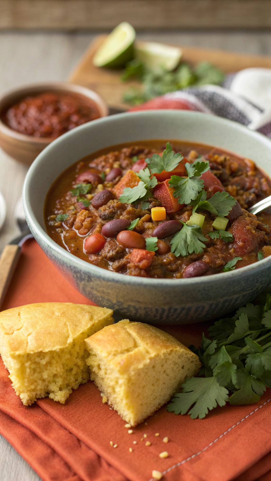 A bowl of spicy lentil chili topped with cilantro and diced tomatoes, served with cornbread and lime.