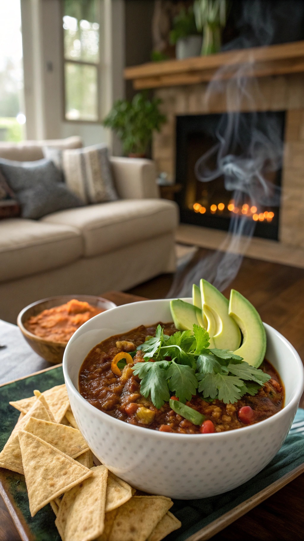 A cozy bowl of spicy lentil chili topped with cilantro and avocado, served with tortilla chips.