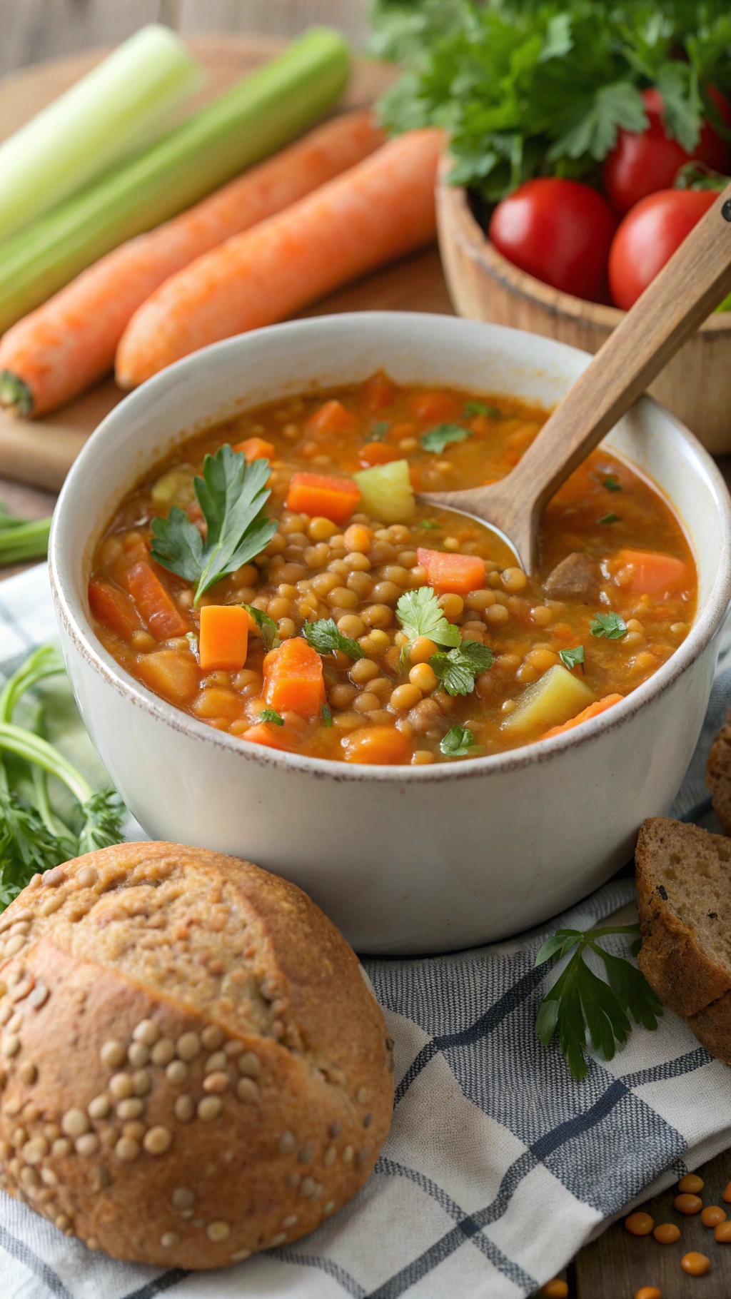 A bowl of spicy lentil soup with fresh vegetables and herbs, accompanied by bread rolls.
