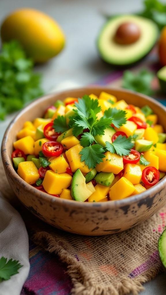 A colorful bowl of spicy mango salad with avocado, chili, and cilantro, garnished and ready to serve.