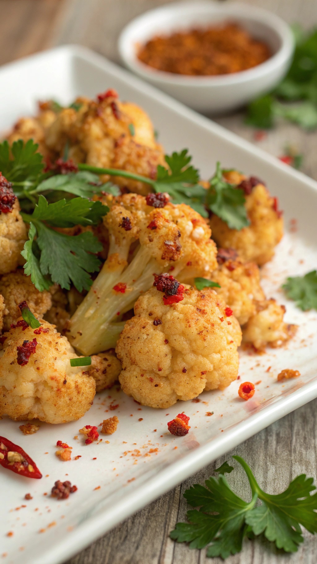 A plate of spicy roasted cauliflower bites garnished with cilantro and spices.