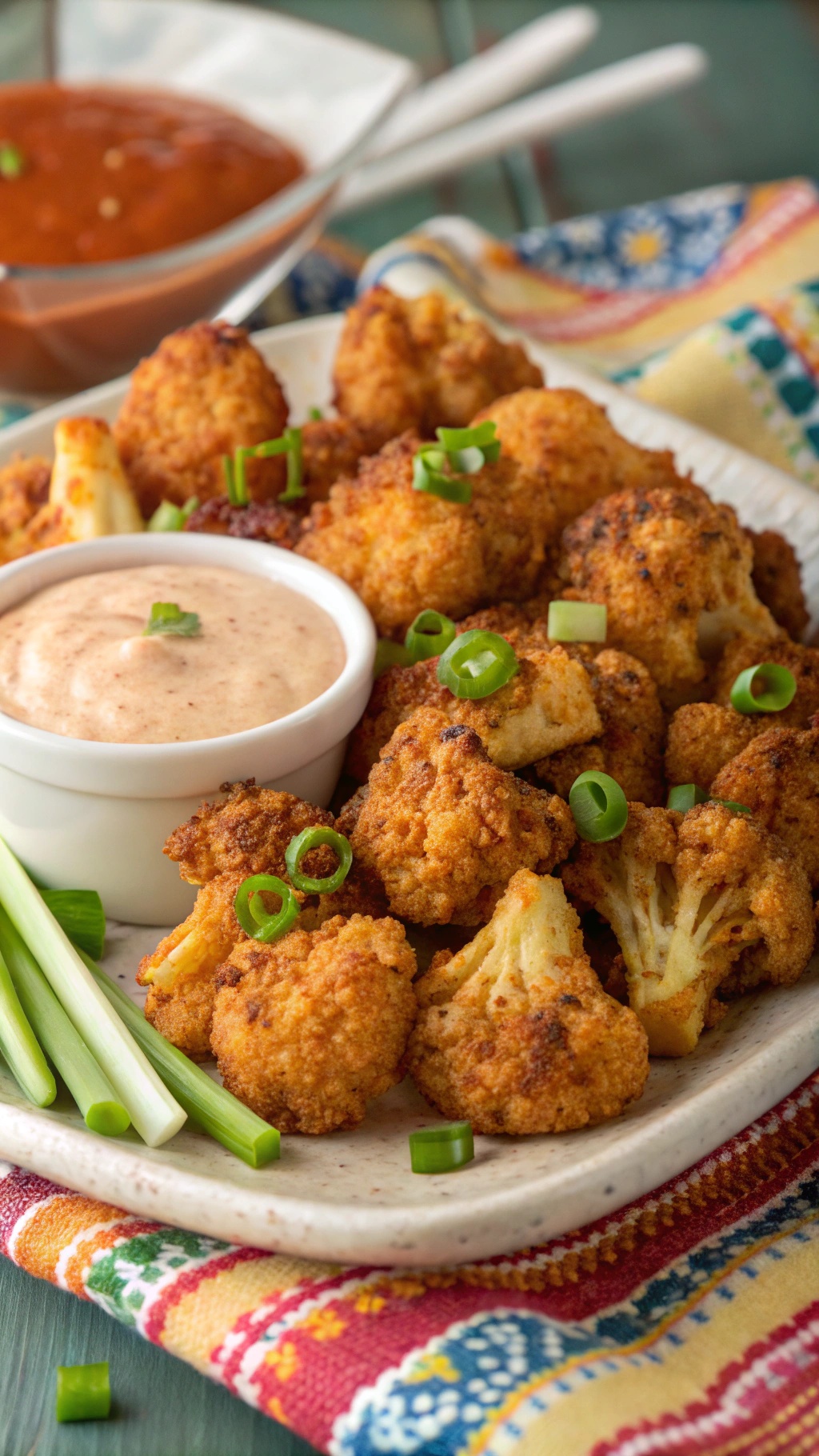 A plate of spicy roasted cauliflower bites served with a creamy dipping sauce and garnished with green onions.