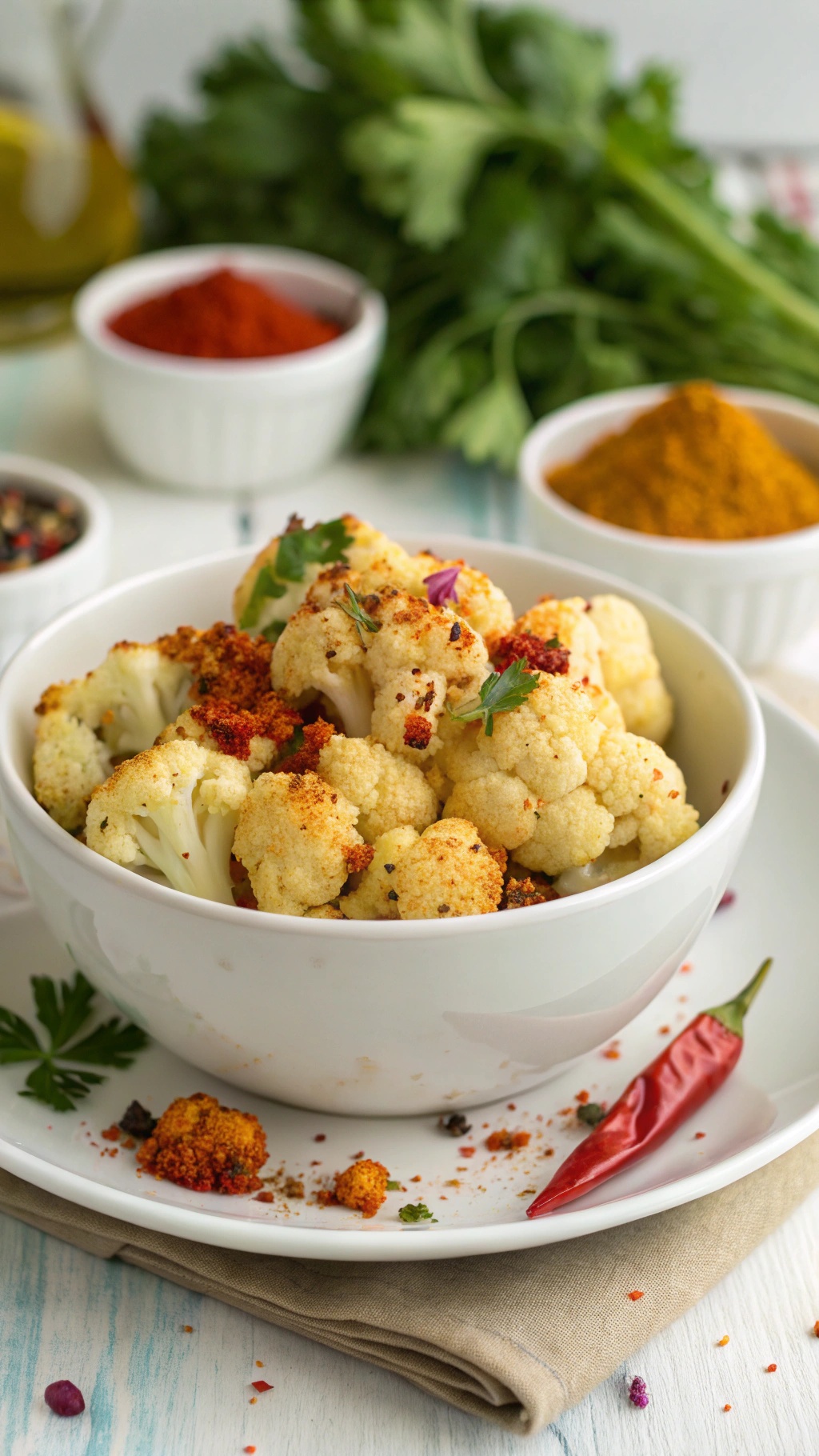 Bowl of spicy roasted cauliflower with paprika and spices in the background.