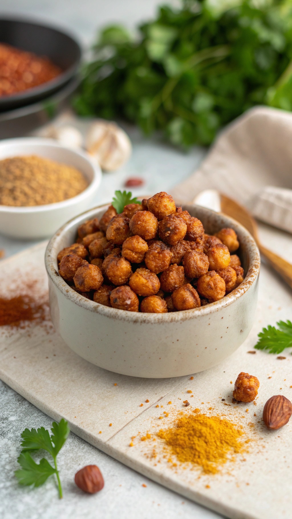 A bowl of spicy roasted chickpeas with spices and herbs in the background.