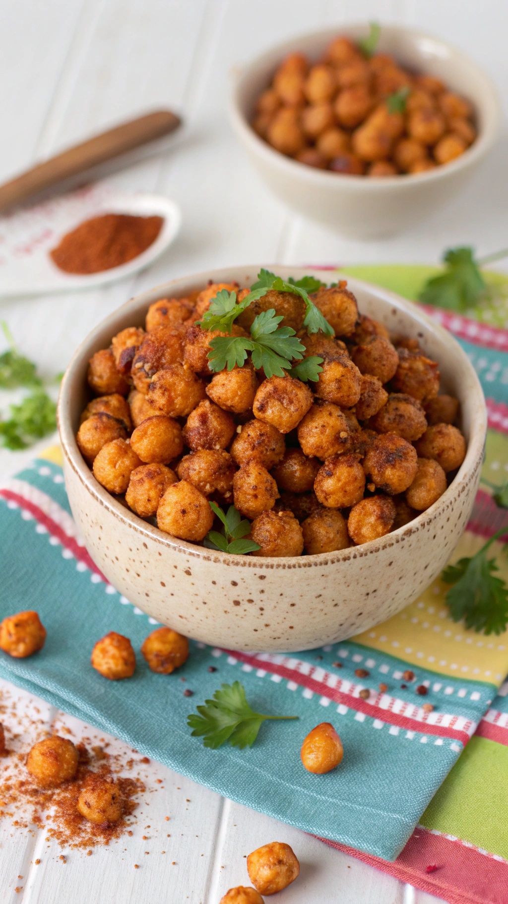 A bowl of spicy roasted chickpeas garnished with cilantro, placed on a colorful napkin.