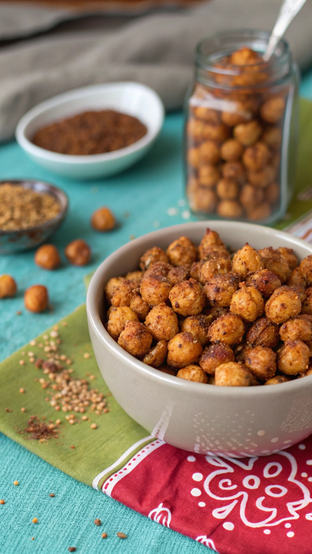A bowl of spicy roasted chickpeas surrounded by spices on a colorful tablecloth.