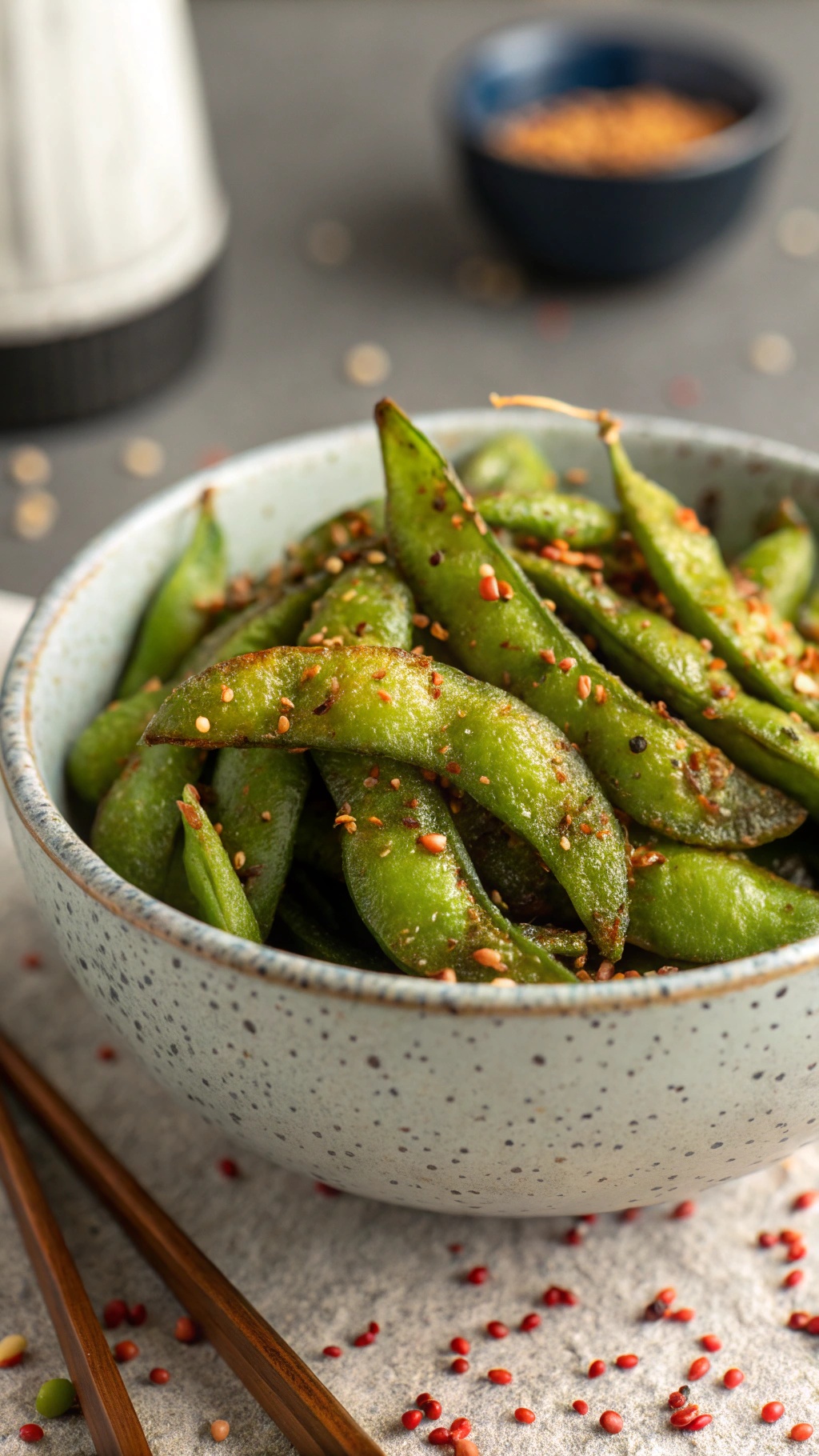 A bowl of spicy roasted edamame sprinkled with spices, ready to be enjoyed as a crunchy snack.