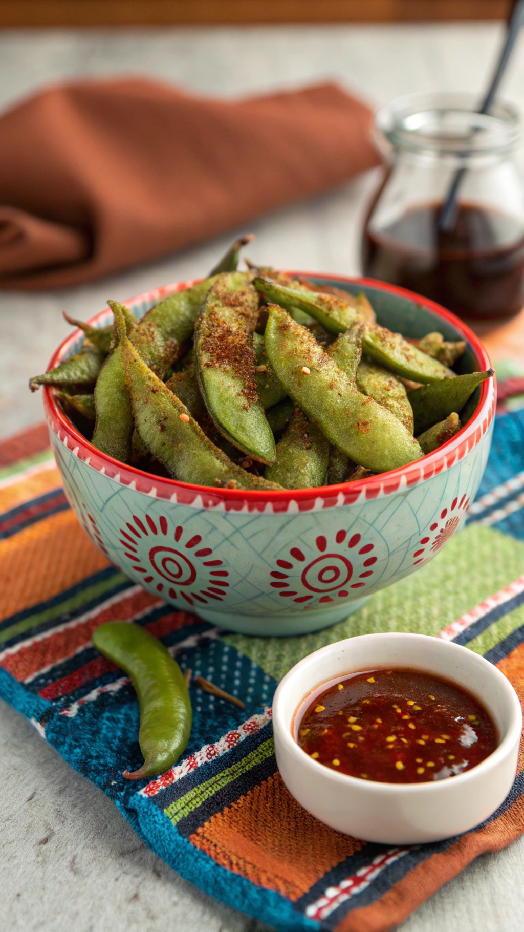 A bowl of spicy roasted edamame with a dipping sauce on a colorful cloth.