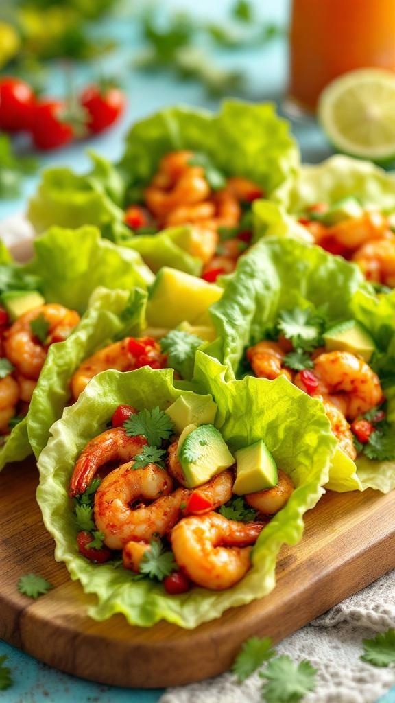 Spicy shrimp and avocado lettuce wraps on a wooden board with fresh ingredients in the background.