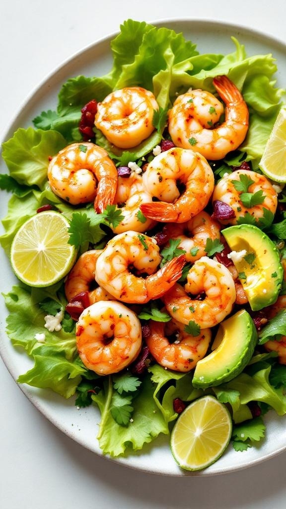 A colorful plate of spicy shrimp and avocado salad with lime wedges.