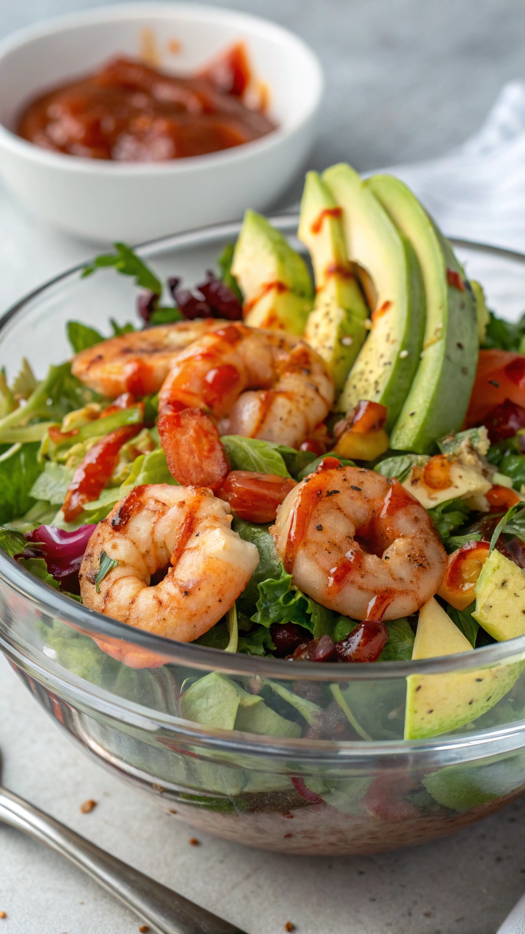 A bowl of spicy shrimp and avocado salad with mixed greens and a side of sauce.