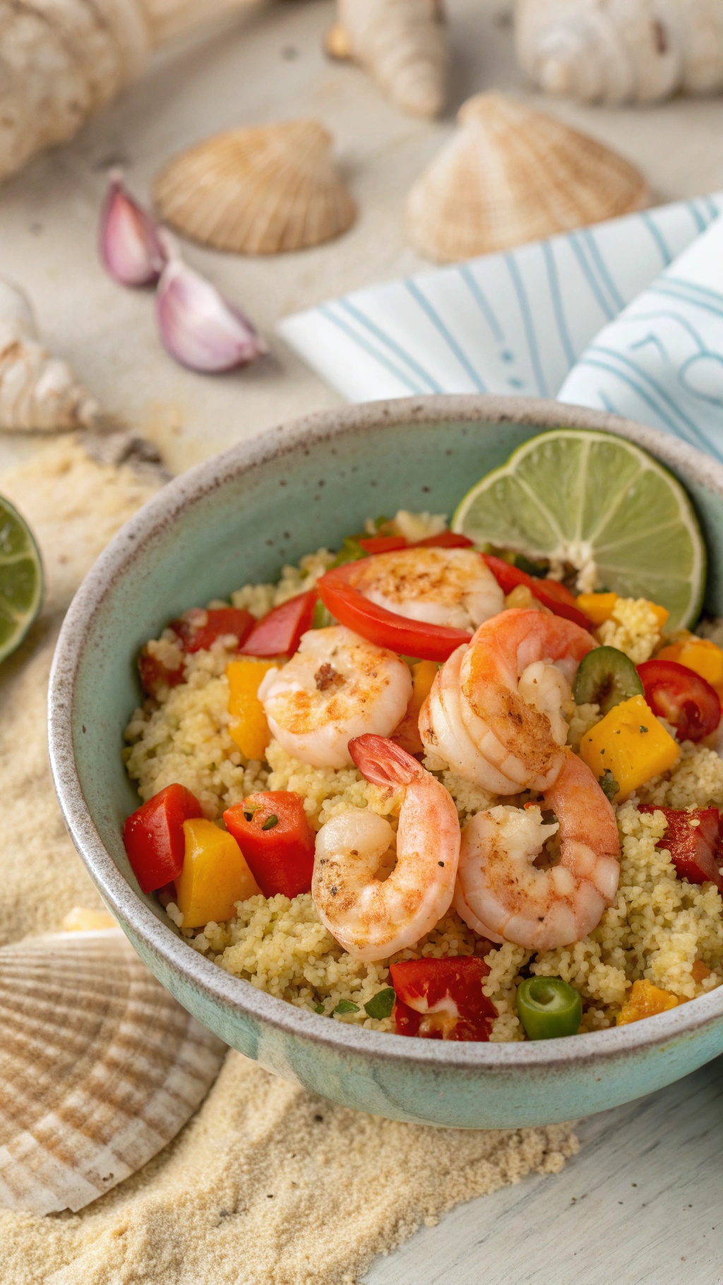 A colorful bowl of spicy shrimp and cauliflower rice with diced bell peppers and lime wedges.