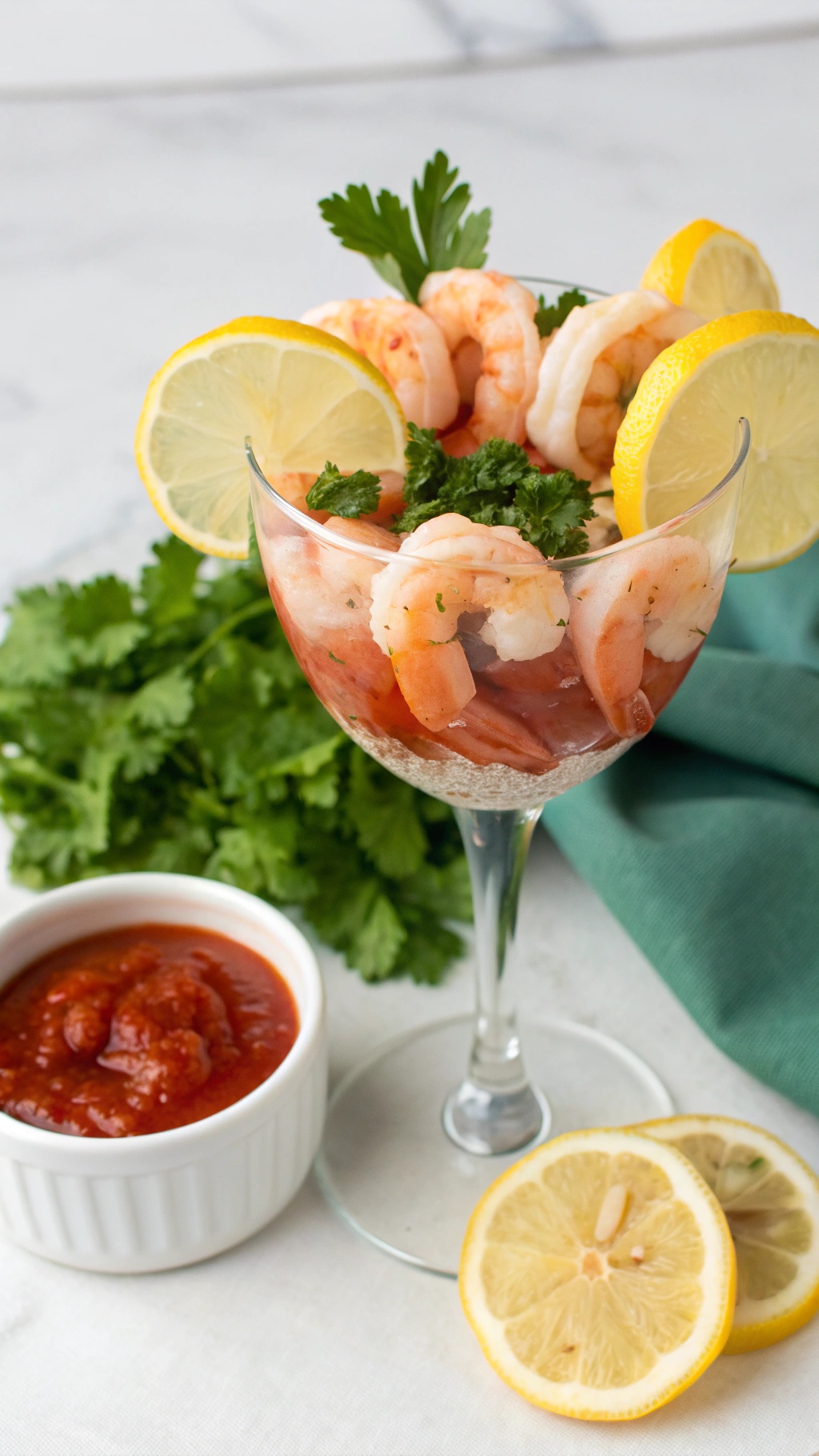 A glass of spicy shrimp cocktail garnished with lemon and parsley, with a side of cocktail sauce.