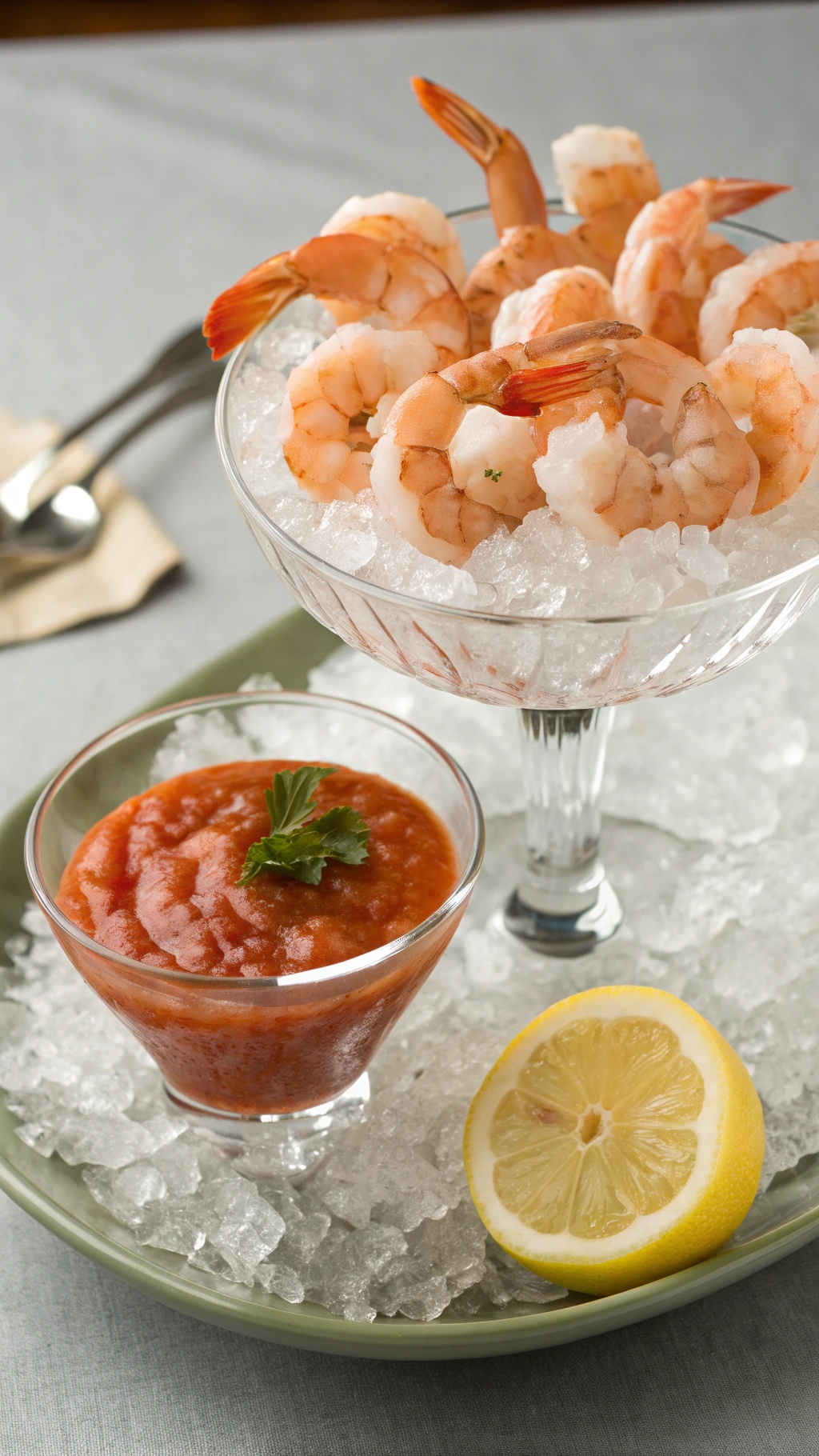 Spicy shrimp cocktail with homemade sauce served on ice, accompanied by lemon wedges.