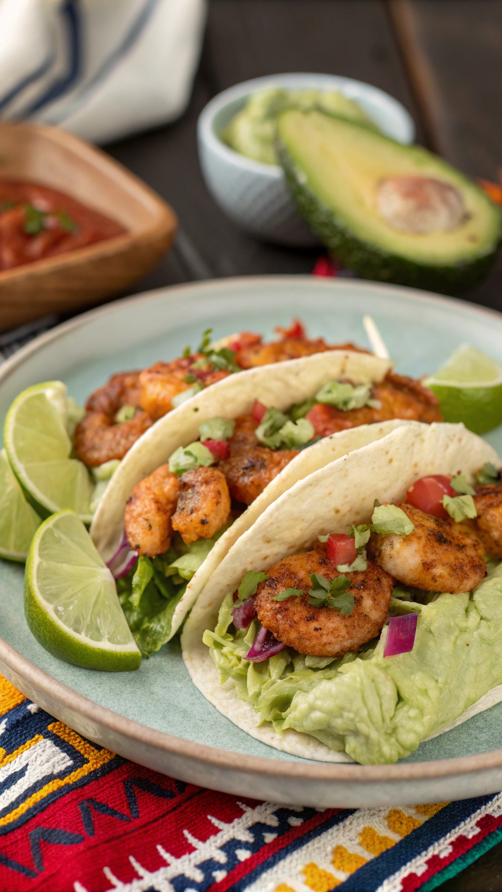 Plate of spicy shrimp tacos with avocado cream, garnished with lime and fresh vegetables.
