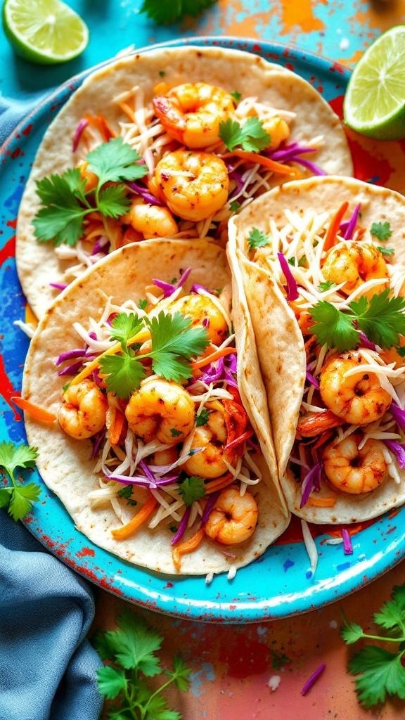 Three spicy shrimp tacos with cabbage slaw on a colorful plate, garnished with cilantro and lime wedges.