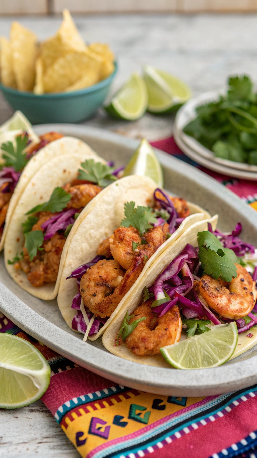 Spicy shrimp tacos with cabbage slaw on a plate, garnished with lime and cilantro.