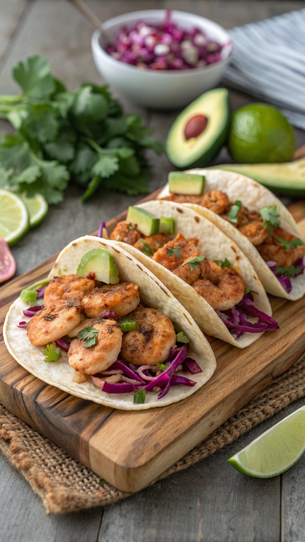 Spicy shrimp tacos with cabbage slaw on a wooden board, garnished with lime and cilantro.
