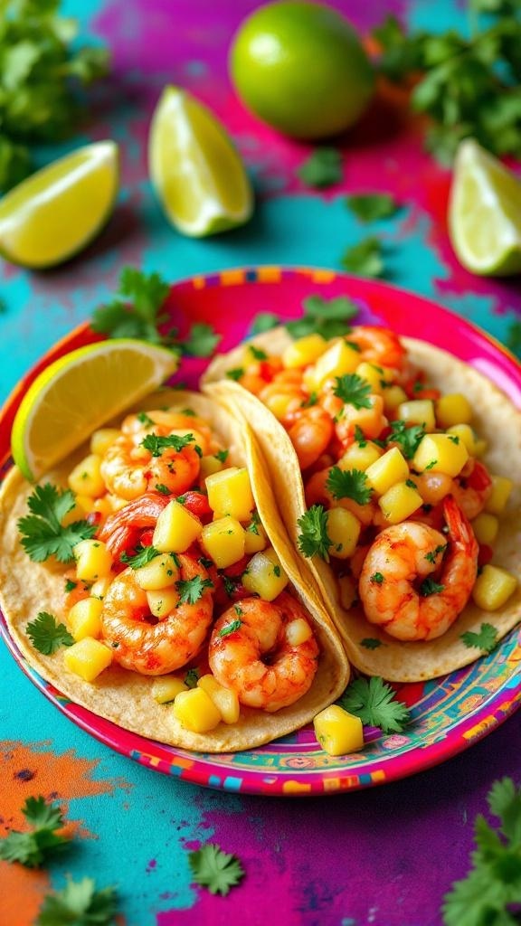Spicy shrimp tacos with pineapple salsa on a colorful plate, garnished with lime and cilantro.