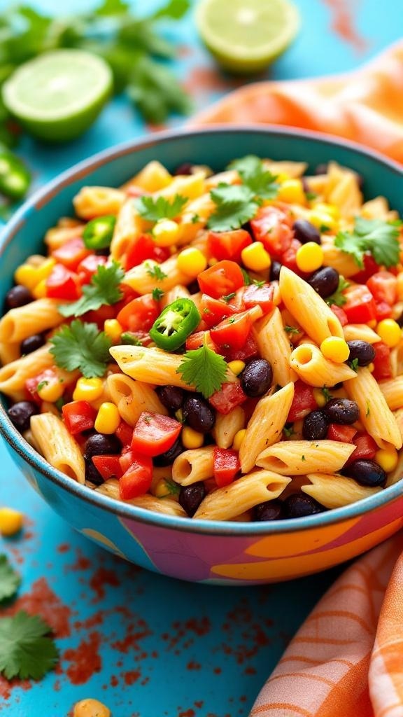 A colorful bowl of spicy southwest pasta salad with black beans, corn, and fresh vegetables.