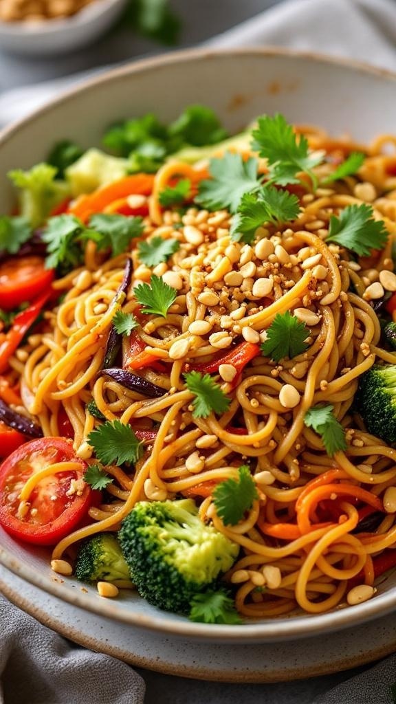 A colorful bowl of Spicy Sriracha Peanut Noodle Salad with noodles, vegetables, and peanuts.