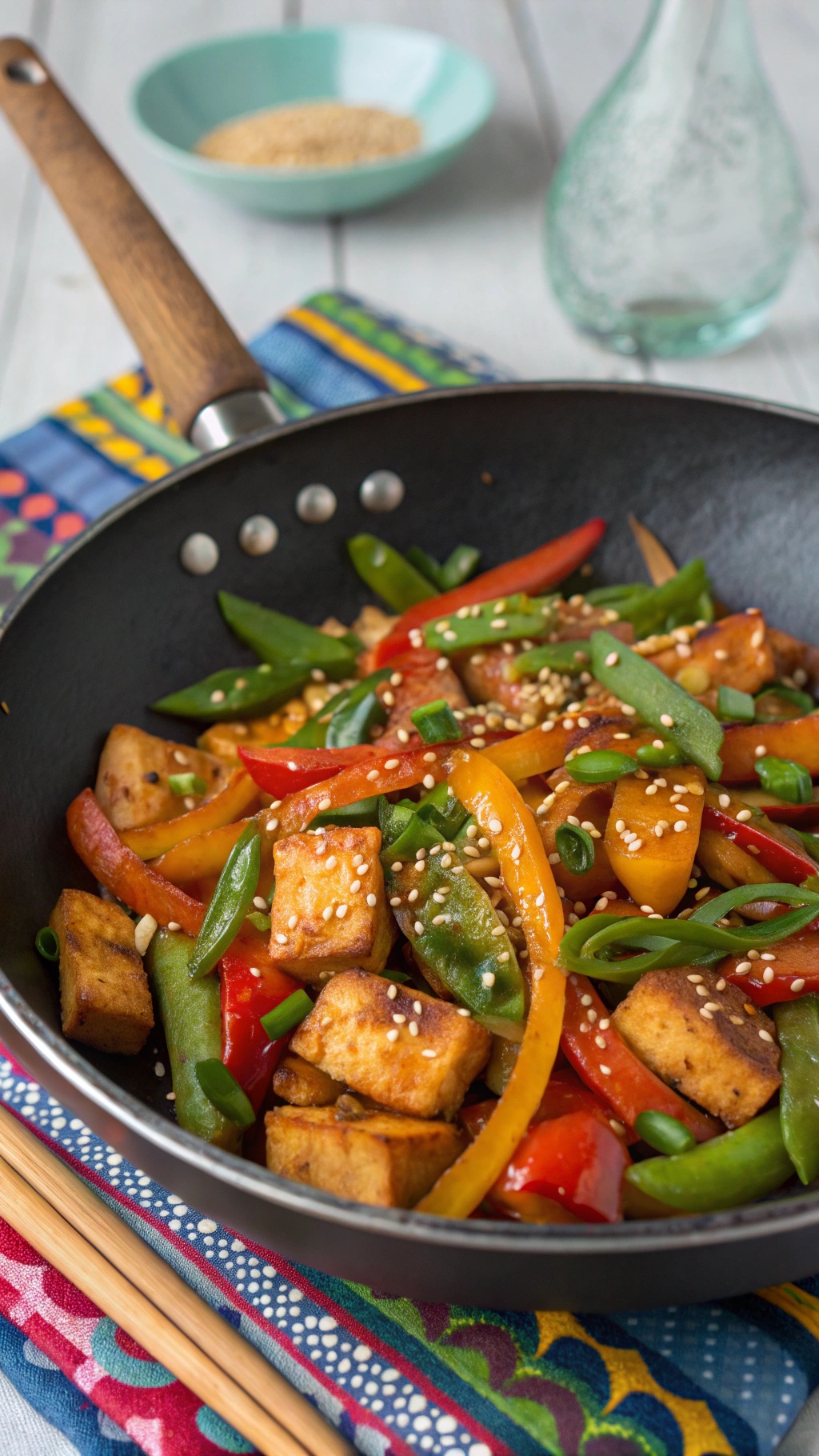 A colorful spicy sriracha tofu stir-fry with bell peppers and snap peas in a skillet.