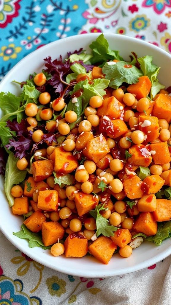 A colorful bowl of spicy sweet potato and chickpea salad with greens, garnished with cilantro.