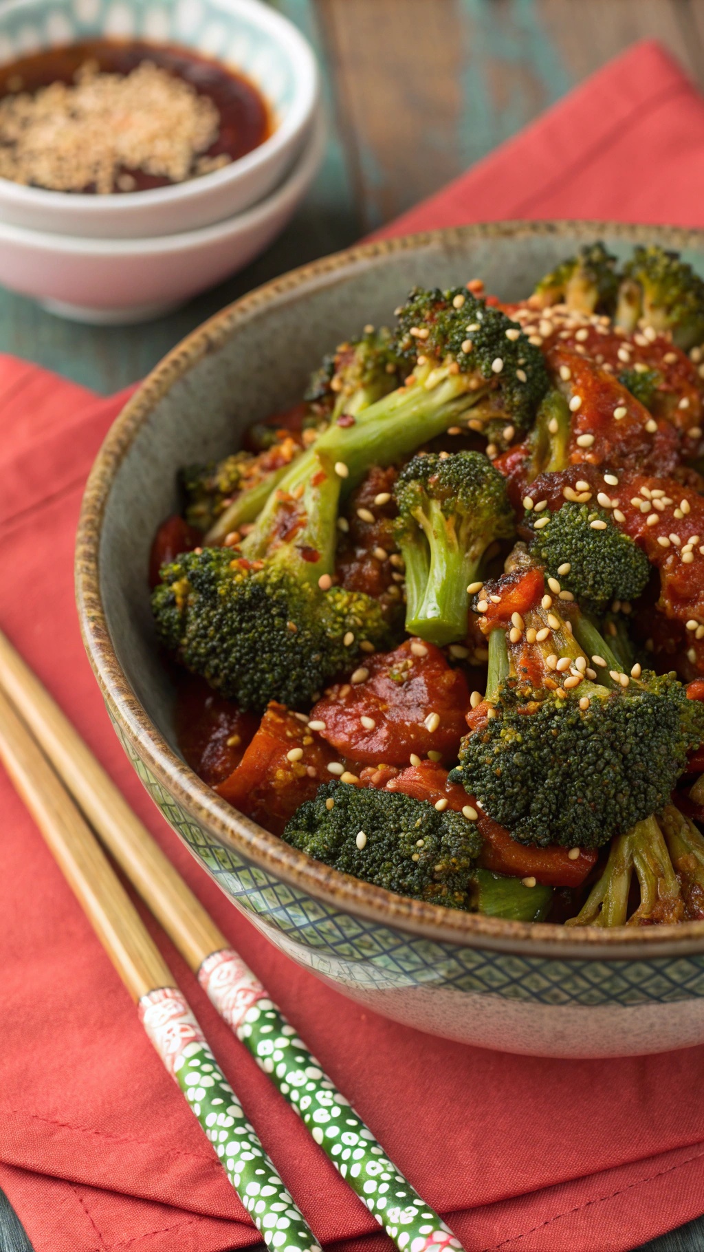 A bowl of spicy Szechuan broccoli garnished with sesame seeds, served with chopsticks and a small bowl of sauce.
