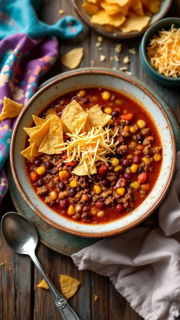 A bowl of spicy taco soup topped with tortilla chips and cheese, surrounded by additional toppings.