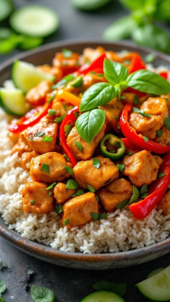 A bowl of Spicy Thai Basil Chicken served over rice, garnished with fresh basil and colorful bell peppers.