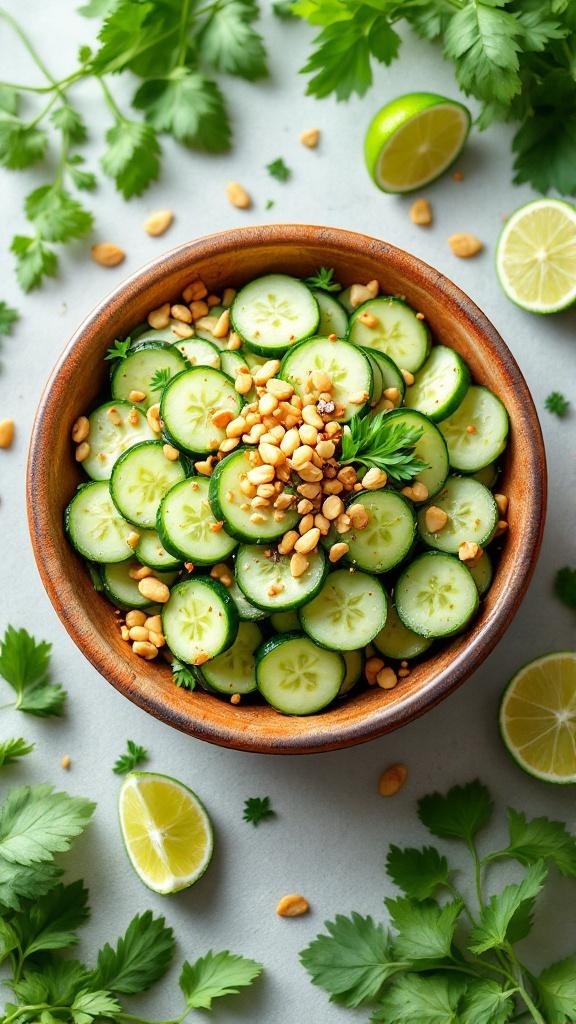 A bowl of Spicy Thai Cucumber Salad with peanuts, garnished with cilantro and lime slices.
