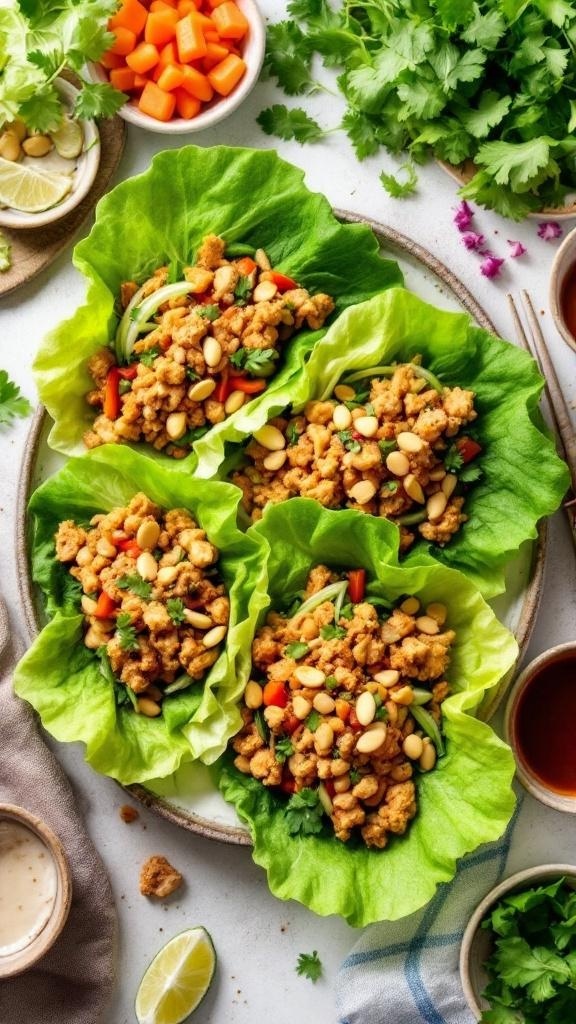 Spicy Thai Peanut Chicken Lettuce Wraps with fresh ingredients