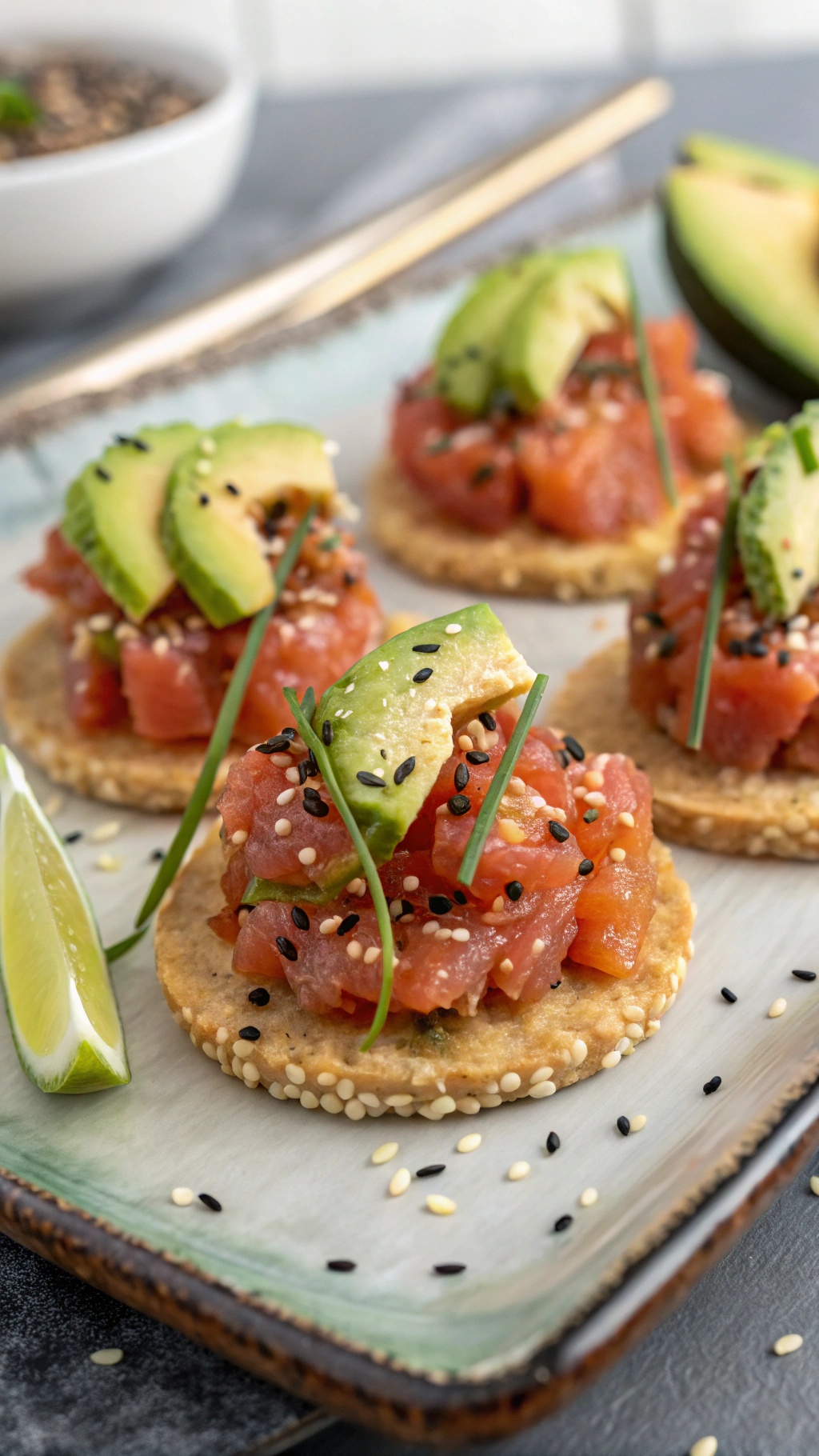 Spicy tuna tartare on rice crackers topped with avocado slices and garnished with sesame seeds and chives.