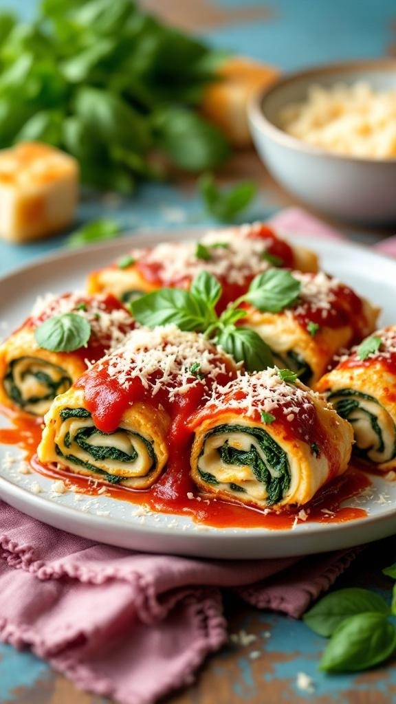 Spinach and cheese lasagna roll-ups topped with marinara sauce and cheese, garnished with fresh basil.