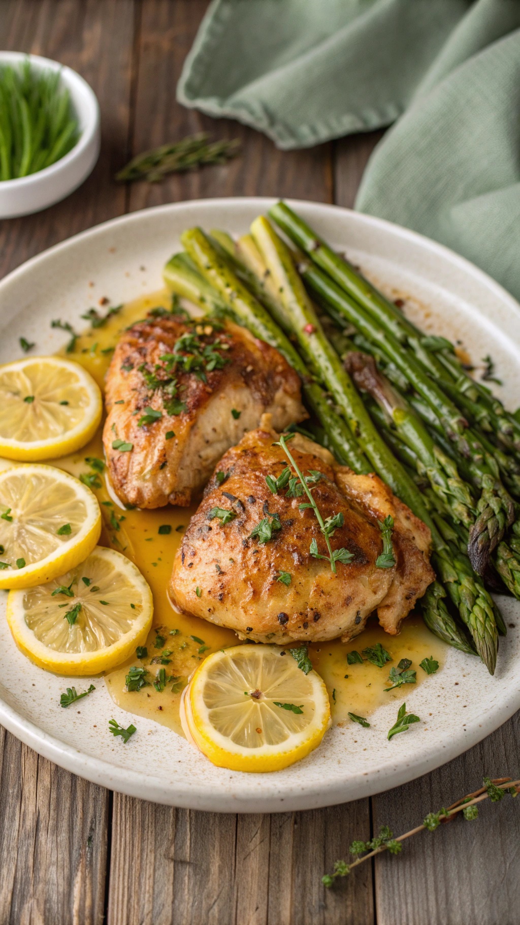 Stovetop Lemon Herb Chicken Thighs served with lemon slices and asparagus