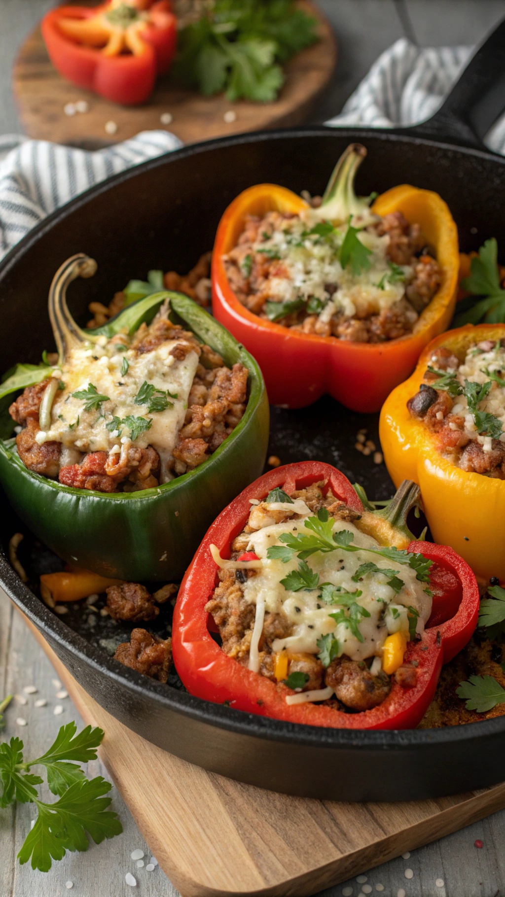 Stuffed bell peppers filled with ground turkey and topped with cheese