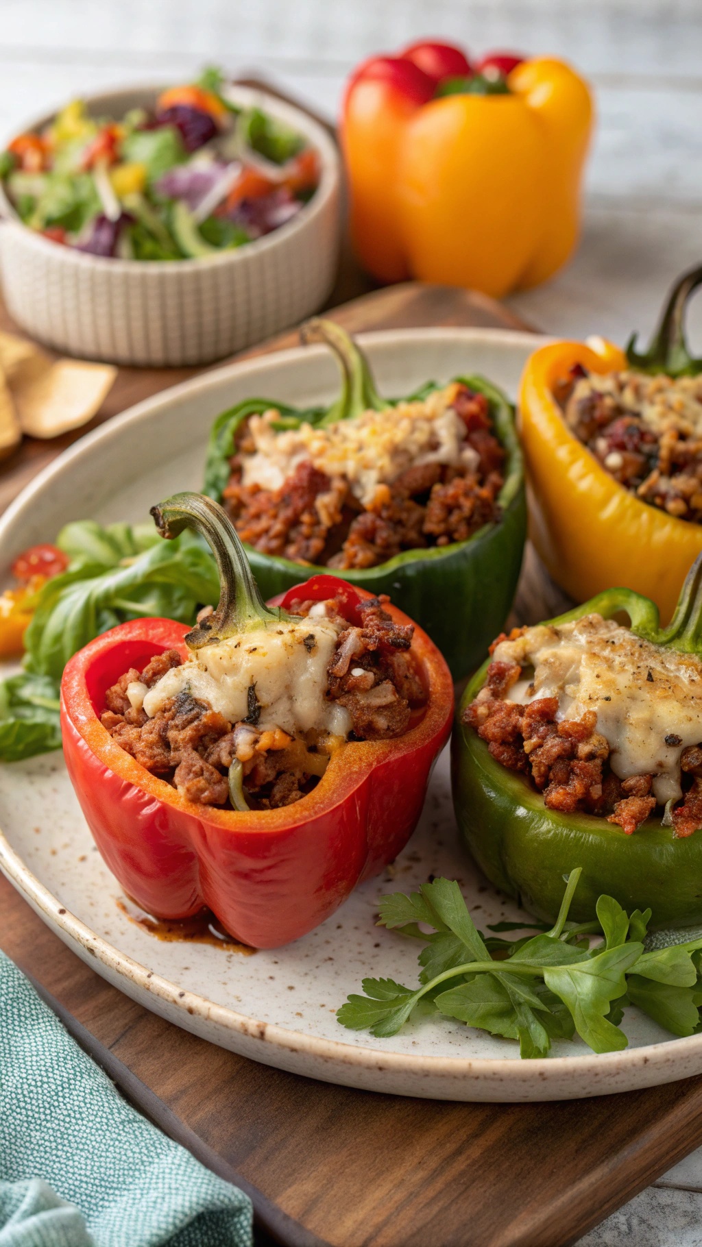 Stuffed bell peppers filled with ground turkey and topped with cheese, served on a plate with a salad in the background.