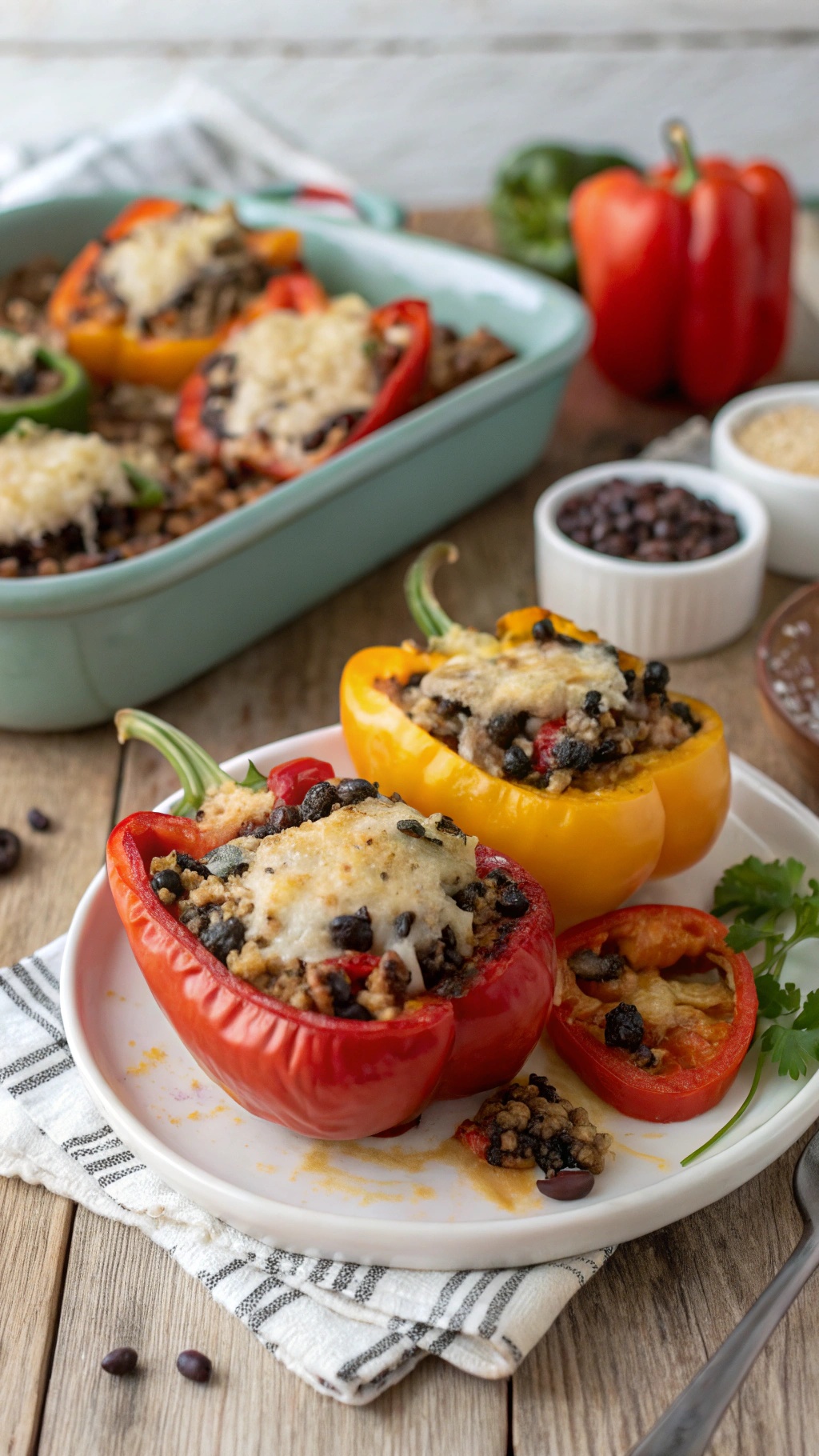 Stuffed bell peppers filled with quinoa and black beans, topped with cheese, served on a plate.