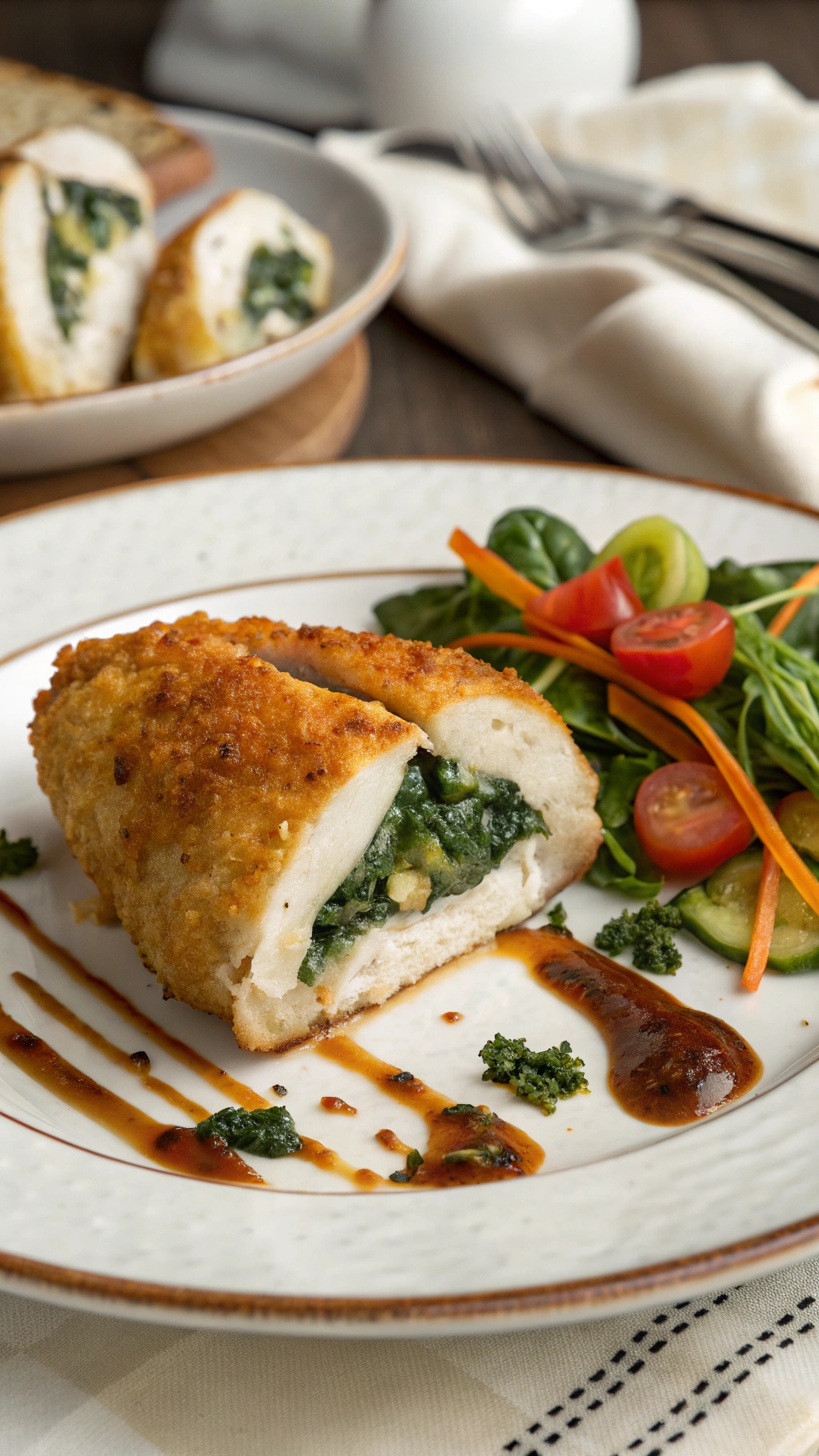Stuffed chicken breast with spinach and cheese, served with a fresh salad.