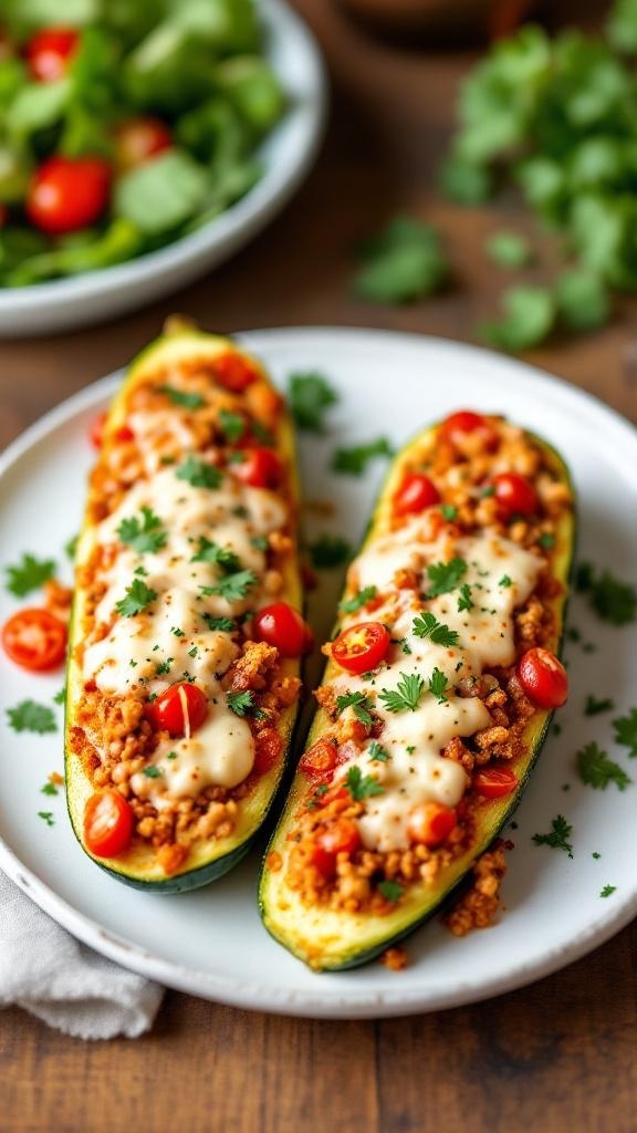 Stuffed zucchini boats filled with ground meat, cheese, and topped with cherry tomatoes.