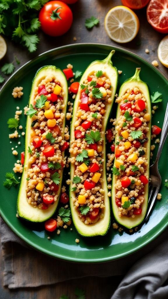 Stuffed zucchini boats filled with quinoa and colorful vegetables on a green plate.